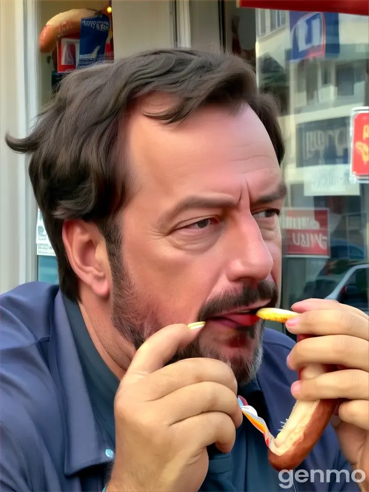 a man with a goatee eating a hot dog
