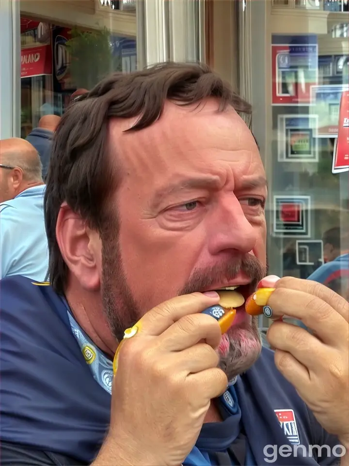 a man with a goatee eating a hot dog