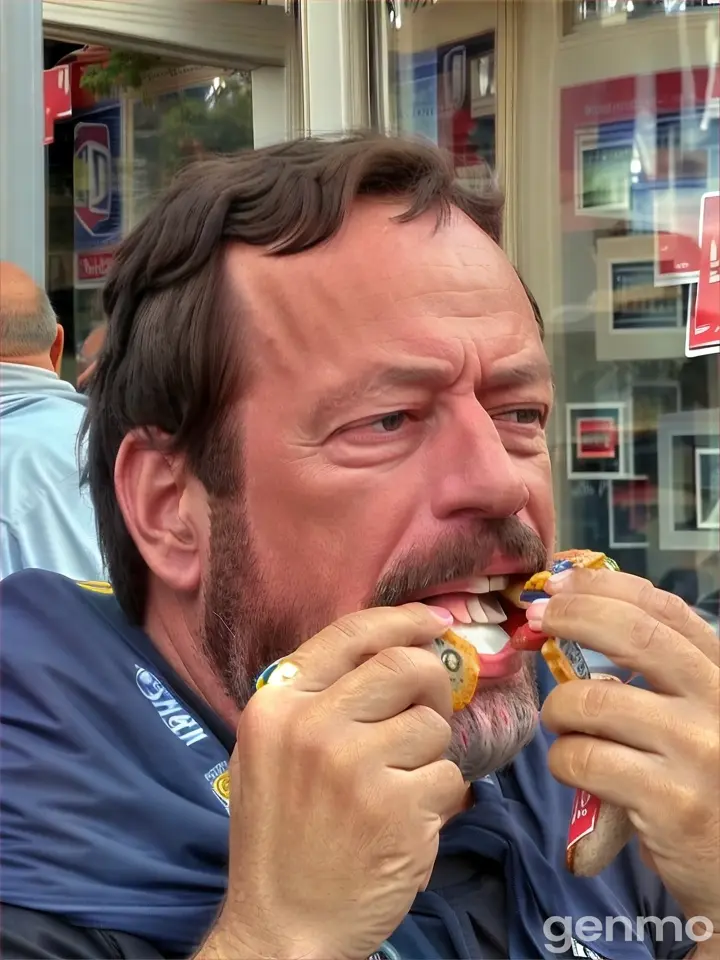 a man with a goatee eating a hot dog