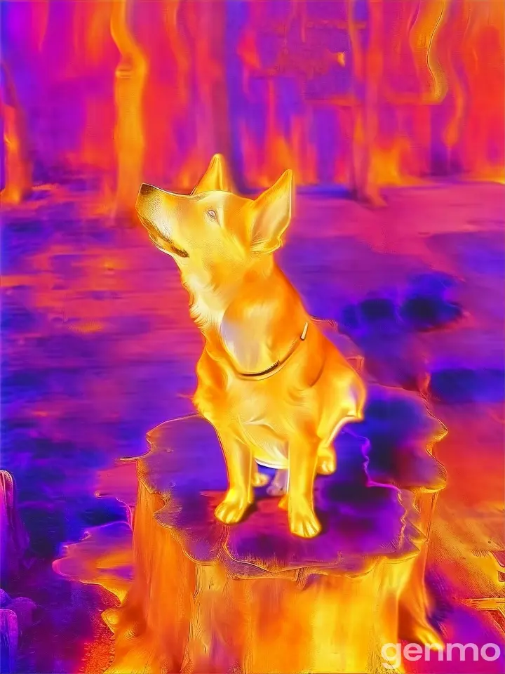a dog sitting on top of a wooden stump