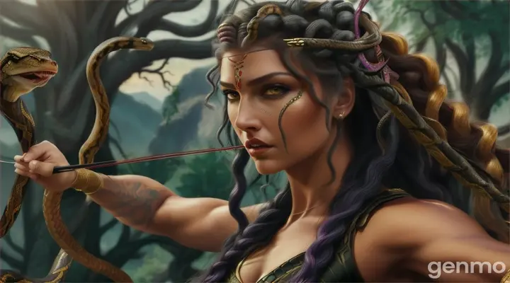 Snake hair serpent body medusa shooting bow and arrow.