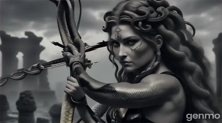 Snake hair serpent body medusa shooting bow and arrow.