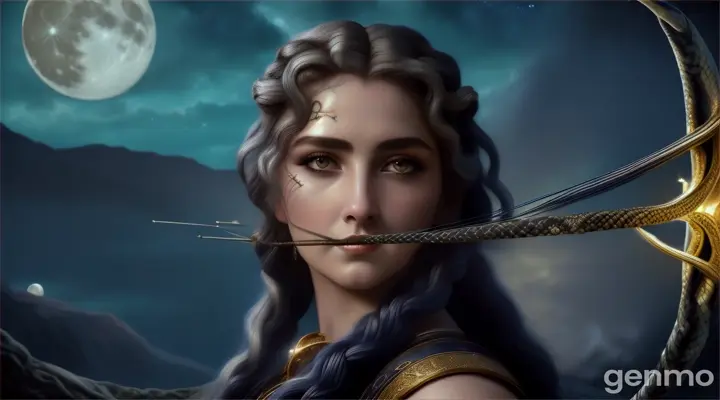 Medusa, under a starry night, shooting an arrow at the moon with bow and arrow, with her snakes hair wavy