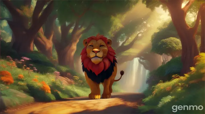 There was a brave lion named Leon, who ruled the forest with wisdom and strength. Despite his intimidating appearance, Leon was very kind and loved helping others 3d cartoon