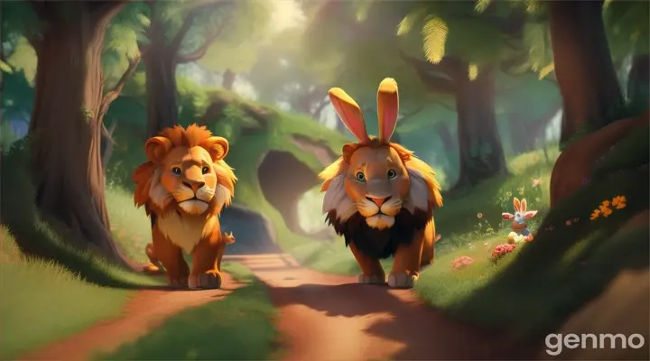 Leon (lion) and Bunny (litle rabbit) decide to go on an adventure to explore a new part of the forest 3d cartoon