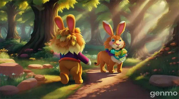 Leon (lion) and Bunny (litle rabbit) decide to go on an adventure to explore a new part of the forest 3d cartoon