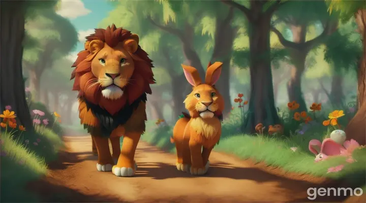 Leon (lion) and Bunny (litle rabbit) decide to go on an adventure to explore a new part of the forest 3d cartoon