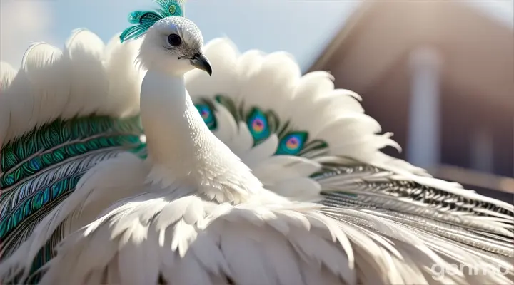 A pure white peacock with white belly white plumage white feathers on the roof of a luxury car 