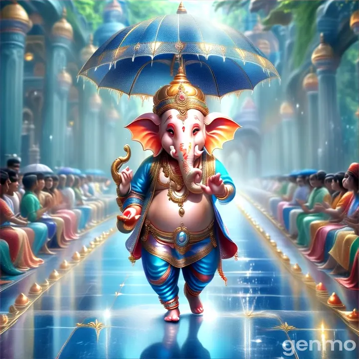 A ganesh walking on runway with an umbrella on its head । Colour full dress । Beautiful secne background 