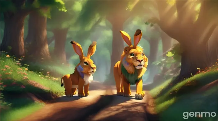 Leon (lion) and Bunny (litle rabbit) decide to go on an adventure to explore a new part of the forest 3d cartoon