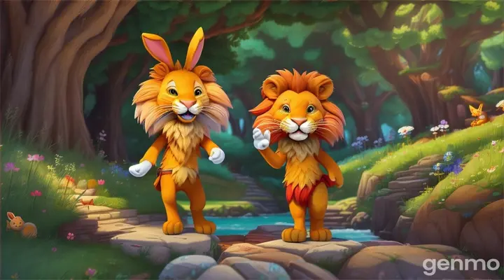 Leon (lion) and Bunny (litle rabbit) decide to go on an adventure to explore a new part of the forest 3d cartoon