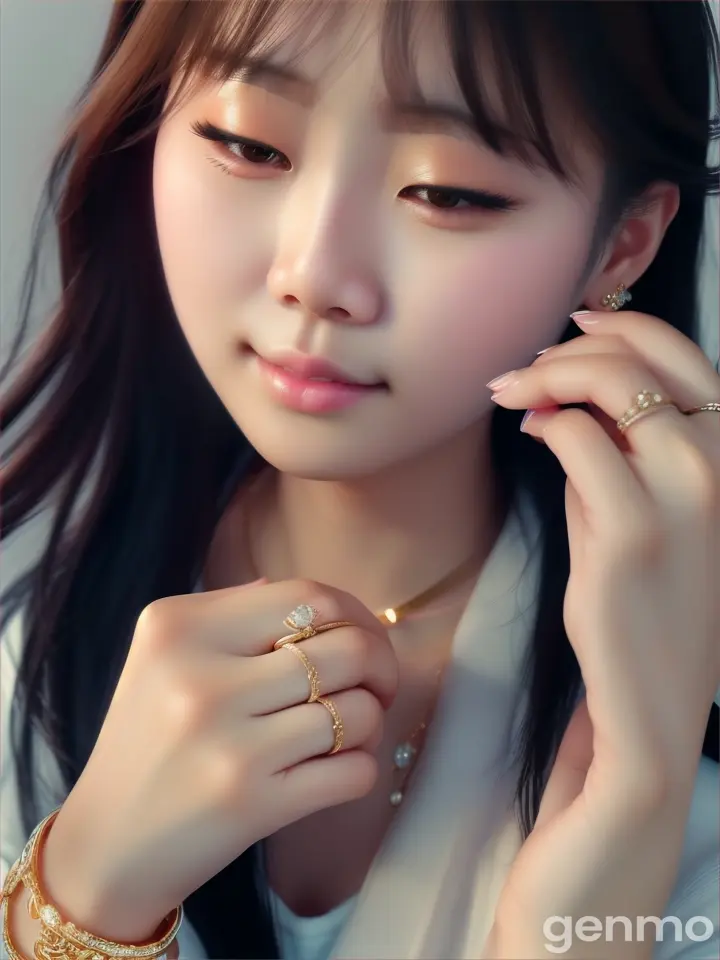 korean girl looking her ring which was gifted to her by her boyfriend.