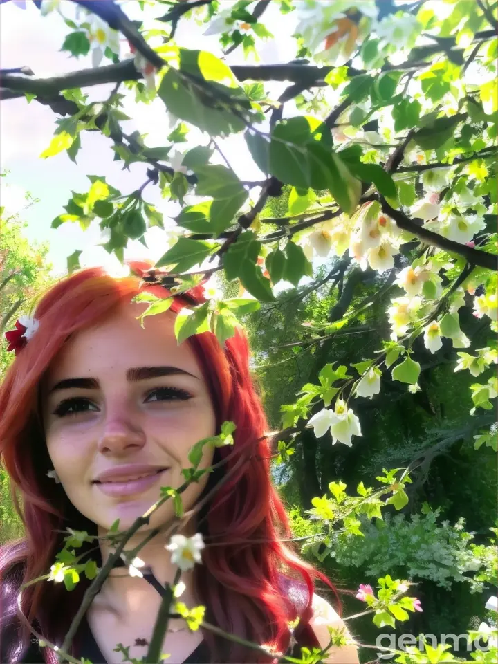 a woman with red hair and flowers in her hair