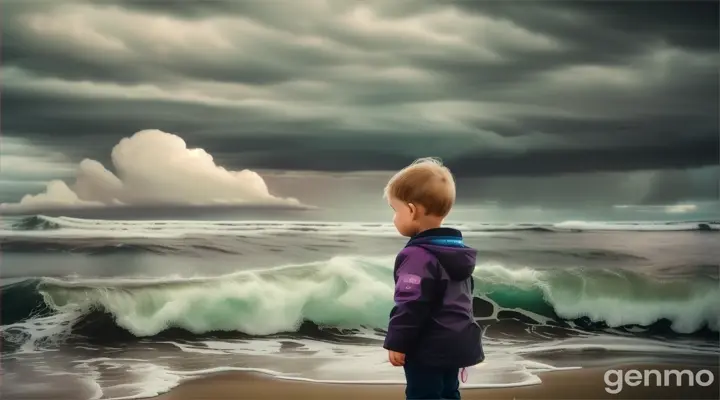 This is a surreal image of a toddler standing on a beach, looking out at a stormy ocean with a large wave and a dark sky. The wave is breaking over the horizon and is lit up with an orange glow. The sky is filled with dark clouds and there are blue lines connecting the clouds and the wave. The image is digitally manipulated and has a dreamlike quality. glamour lighting, soft lighting, diffused, epic realism, high quality, dreamy vibe