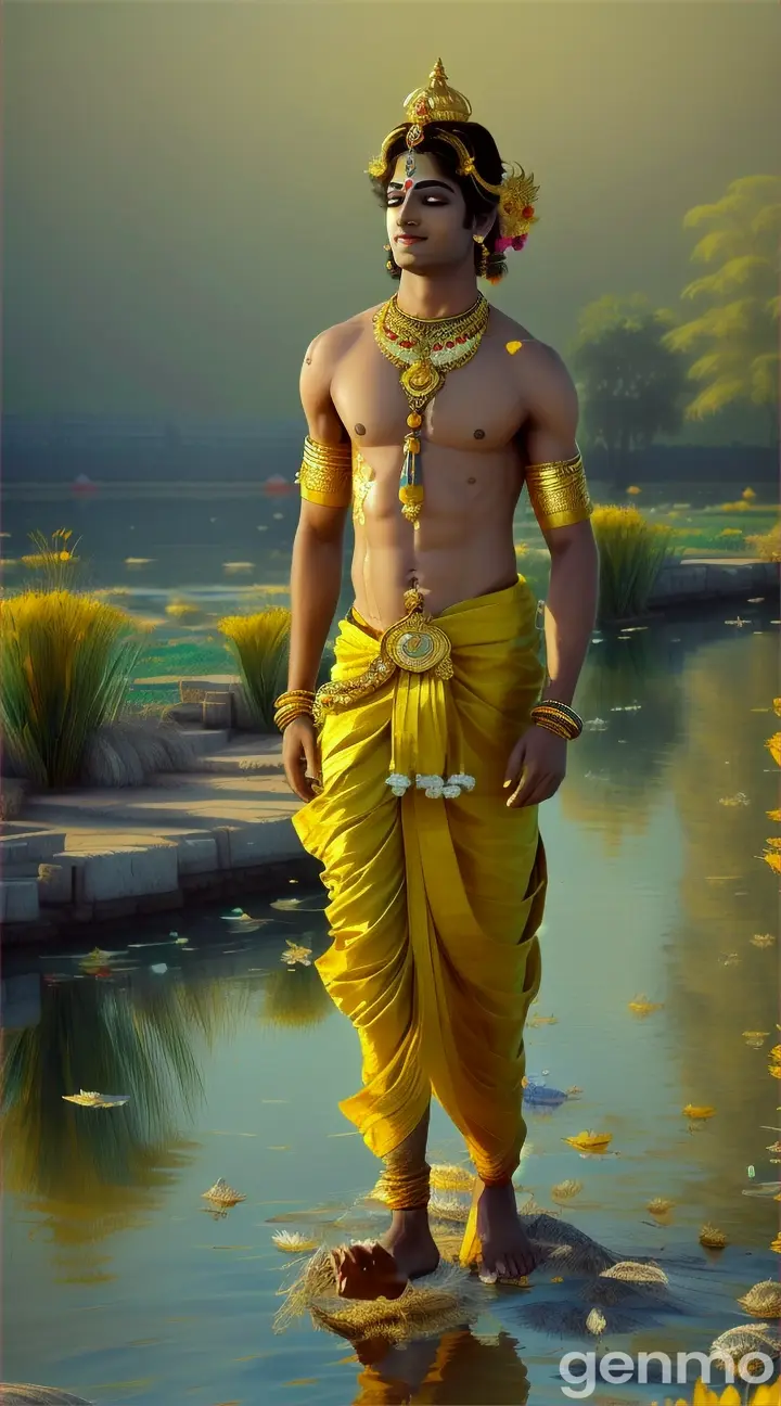 Krishna, wearing a yellow dhoti and adorned with peacock feathers in his hair, is walking gracefully along the banks of the Yamuna River. His feet lightly touch the ground as he moves, and his anklets jingle with each step. The serene water reflects his divine form, and a gentle breeze plays with his flowing garments.