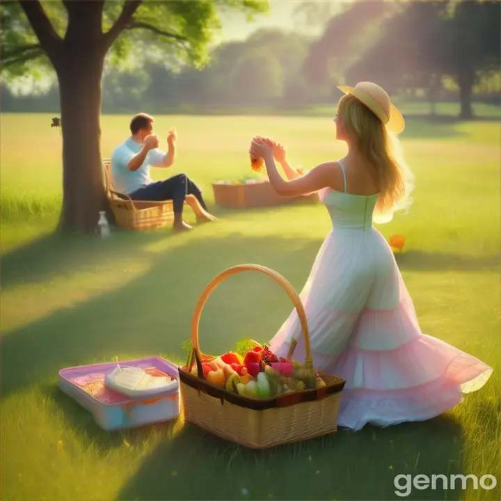 Noodles doing a couple dance in a lush meadow with a picnic basket beside them, surrounded by chirping birds