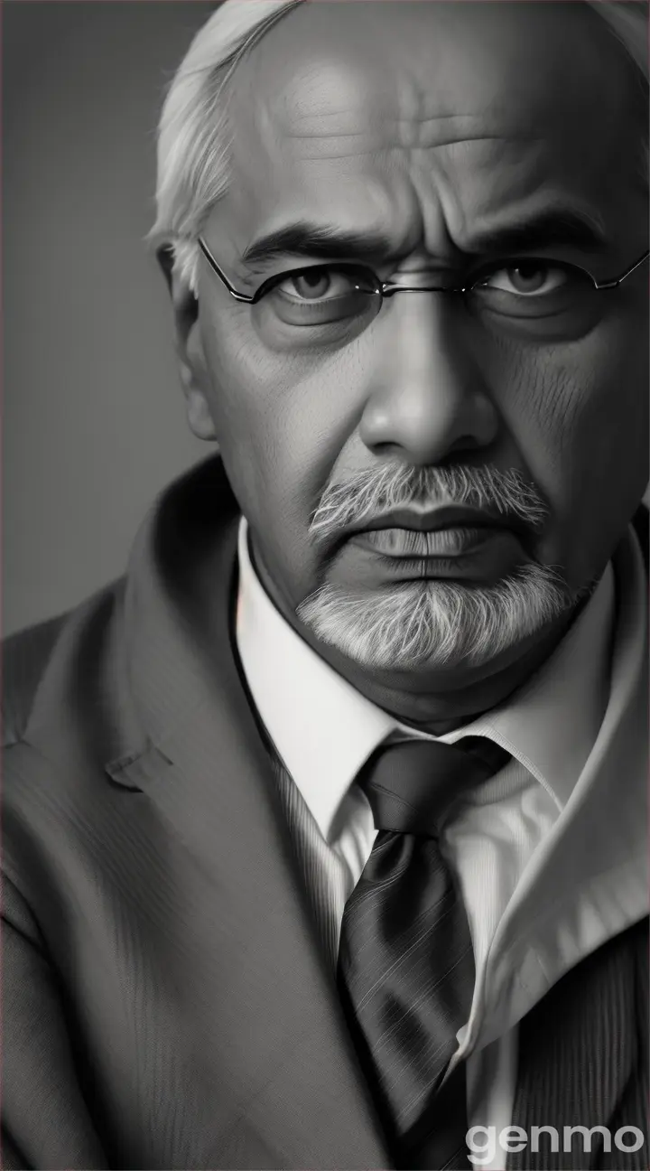 A monochromatic portrait of an Indian politician, evoking the seriousness and starkness of politics