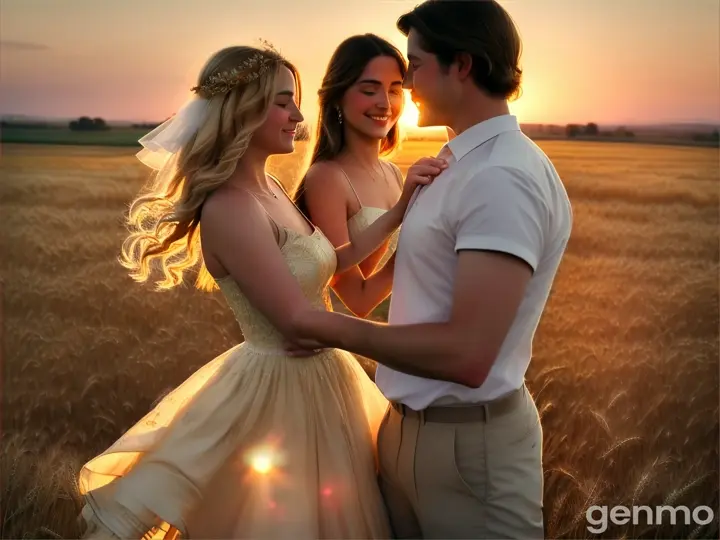 Couple dance in a noodle wheat field during a beautiful blushing sunset, birds singing