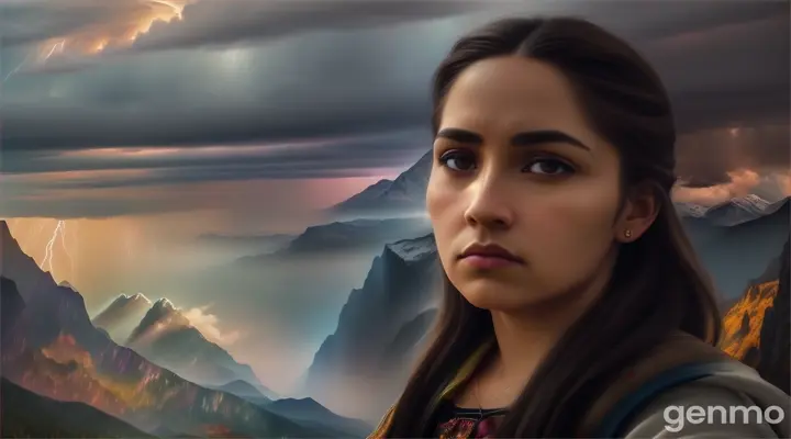 A person with a determined expression, surrounded by symbols of challenges (mountains, storms), with a soft glow emanating from their heart, indicating hope and power.