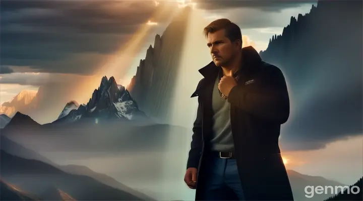 A men with a determined expression, surrounded by symbols of challenges (mountains, storms), with a soft glow emanating from their heart, indicating hope and power.