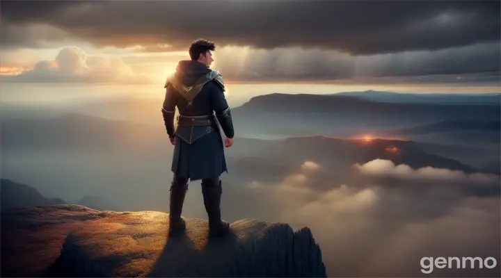 A young men with a determined expression, surrounded by symbols of challenges (mountains, storms), with a soft glow emanating from their heart, indicating hope and power.