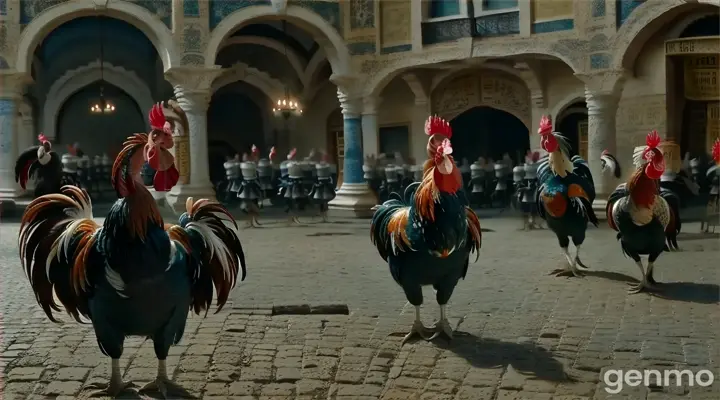 a group of roosters standing in a courtyard