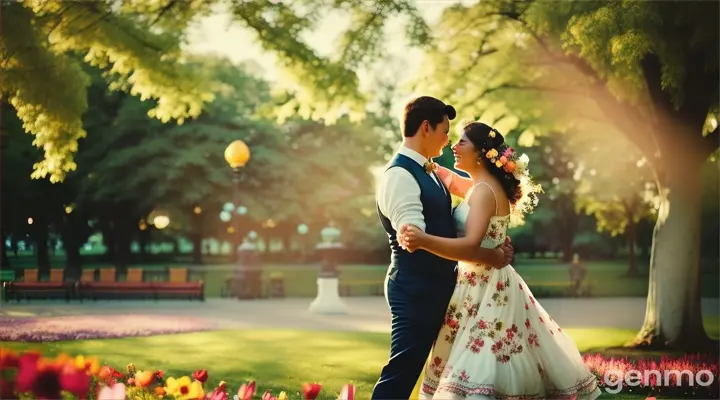  The couple is joyfully dancing in a vibrant city park, surrounded by blooming flowers and greenery. They are mid-dance, smiling widely at each other, capturing a sense of freedom and joy.
 Bright, saturated colors of flowers and greenery, dynamic motion blur to suggest movement, clear blue sky with soft, fluffy clouds in the background.