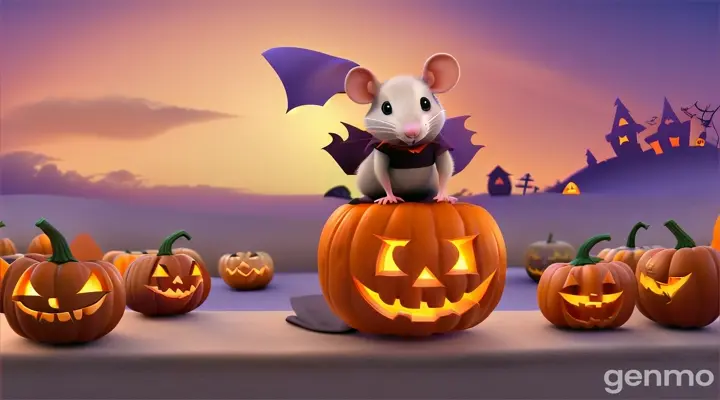 3D cartoon baby rat with a sack full of candy jumping out of jack-o-lantern