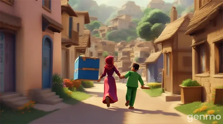 In 3D animation style'Aisha and Ahmed walking through the village with boxes.