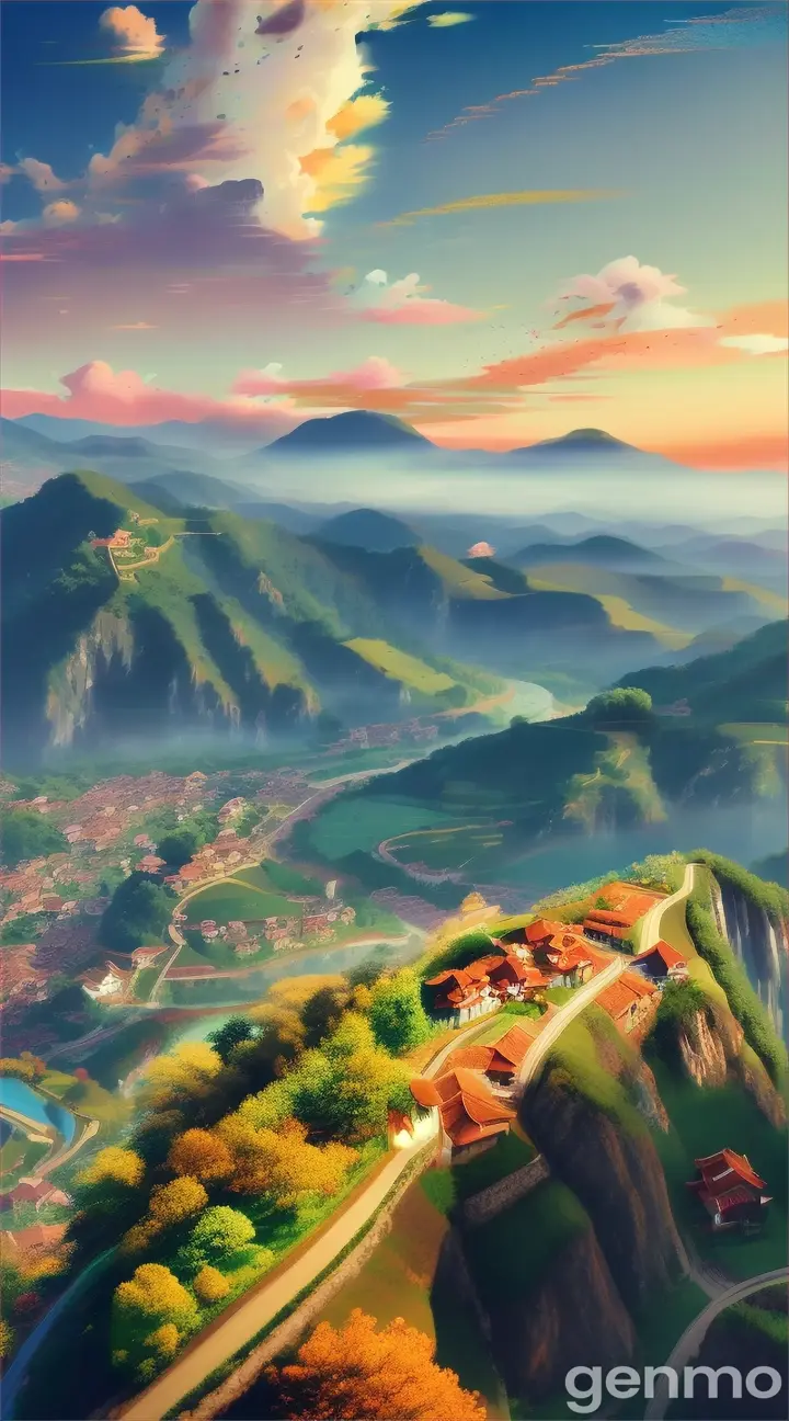 Aerial view of a peaceful village, surrounded by lush mountains and fields.Chinese anime effects.Picture size 9:16