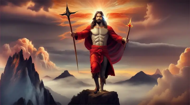 show Jesus coming down for vengeance. He holds a spear. His eyes of flame of fire