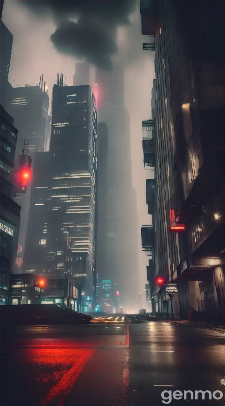 A gritty and dystopian take on the ultra-modern cityscape, where the towering skyscrapers cast a dark shadow over a world in an advanced state of decay