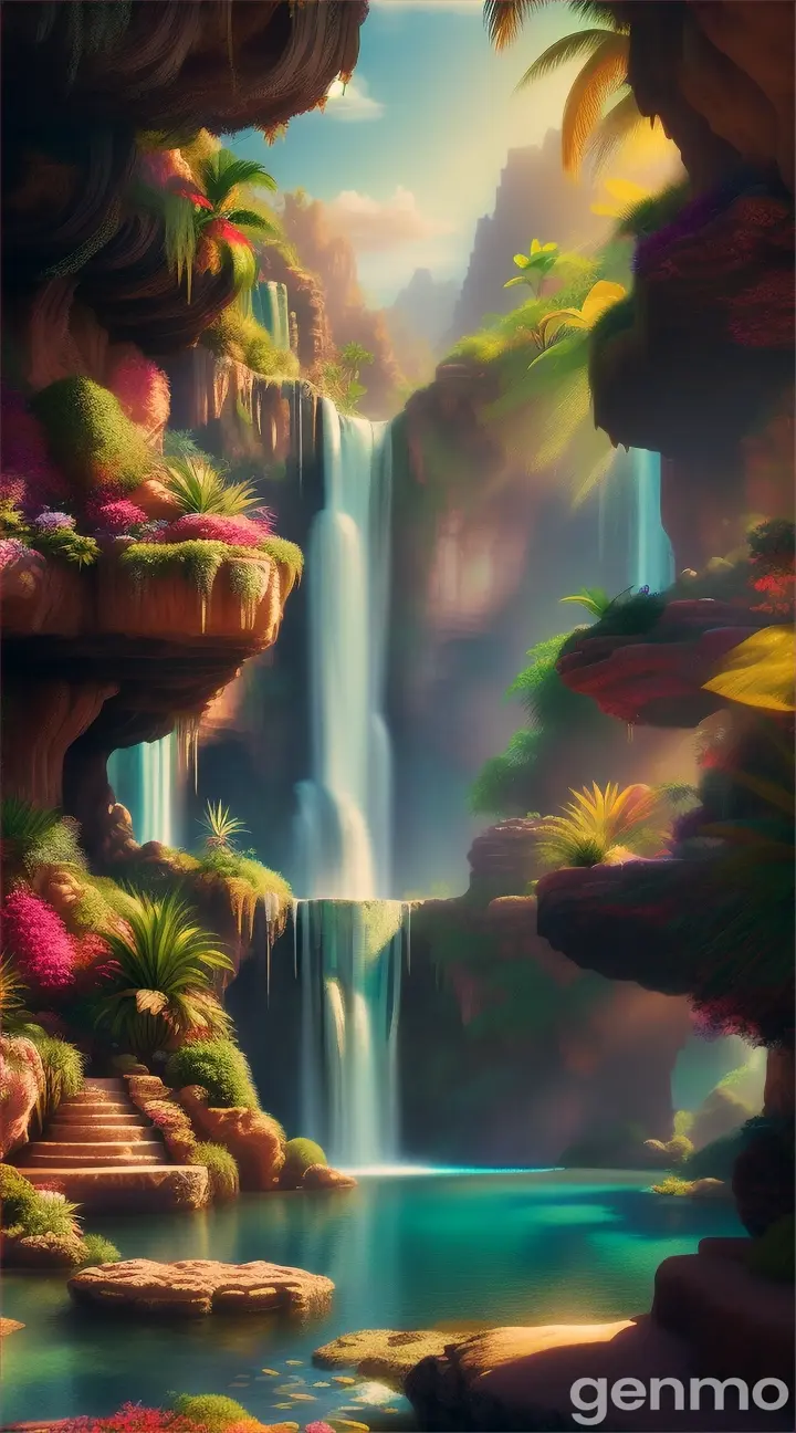 Hidden waterfall oasis in a desert canyon, lush and inviting, fantasy digital painting