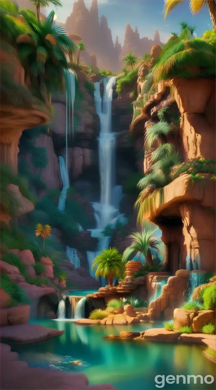 Hidden waterfall oasis in a desert canyon, lush and inviting, fantasy digital painting