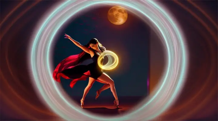 Beautiful Woman dancing, illuminated only by the light of the full moon and the cityscape outside the window