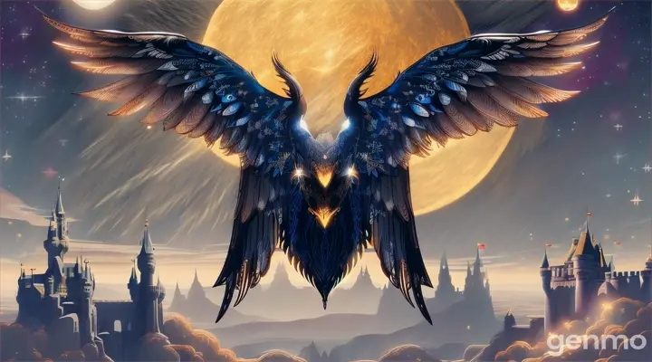 Luna Lifts the Castle into the Sky:  Luna, hovering in the sky with her wings spread wide, uses her magic to lift the entire castle off the ground. The castle rises into the night sky, surrounded by twinkling stars, until it disappears among the constellations, hidden from the world.  