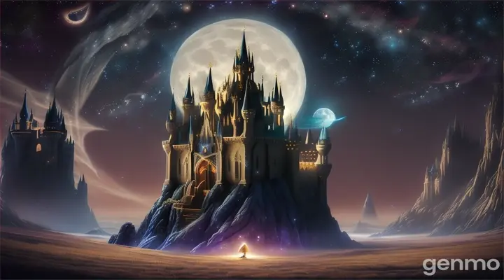 Luna Lifts the Castle into the Sky:  Luna, hovering in the sky with her wings spread wide, uses her magic to lift the entire castle off the ground. The castle rises into the night sky, surrounded by twinkling stars, until it disappears among the constellations, hidden from the world.  