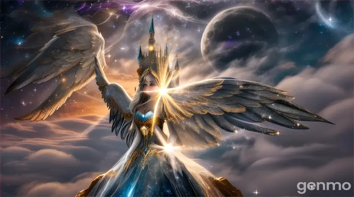 Luna Lifts the Castle into the Sky:  Luna, hovering in the sky with her wings spread wide, uses her magic to lift the entire castle off the ground. The castle rises into the night sky, surrounded by twinkling stars, until it disappears among the constellations, hidden from the world.  