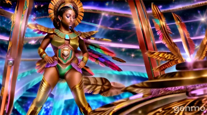 a woman in a golden outfit standing in front of a space station, feathers are waving and thé eyes of the woman emits rays if light liké lazers