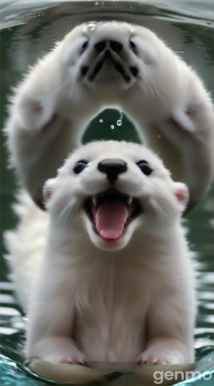 white otter cub came out of the water and eats from a human hand very cute white and fluffy cute adorable black eyes clear image detailing realistically