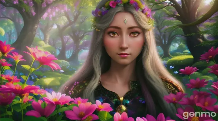  Luna stands in a vibrant, lush world that she created, filled with bright, colorful flowers, towering trees, and magical creatures. The atmosphere is serene and safe, with a clear sky above. Luna looks determined yet calm, knowing she has protected the world from evil, but also aware of the potential future threat.  