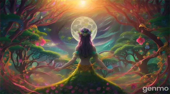  Luna stands in a vibrant, lush world that she created, filled with bright, colorful flowers, towering trees, and magical creatures. The atmosphere is serene and safe, with a clear sky above. Luna looks determined yet calm, knowing she has protected the world from evil, but also aware of the potential future threat.  