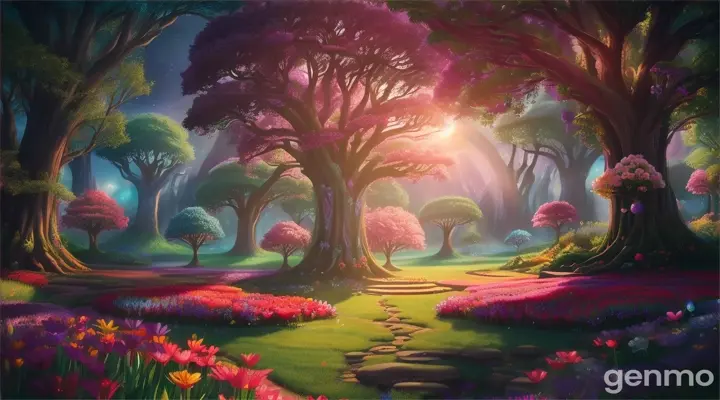  Luna stands in a vibrant, lush world that she created, filled with bright, colorful flowers, towering trees, and magical creatures. The atmosphere is serene and safe, with a clear sky above. Luna looks determined yet calm, knowing she has protected the world from evil, but also aware of the potential future threat.  