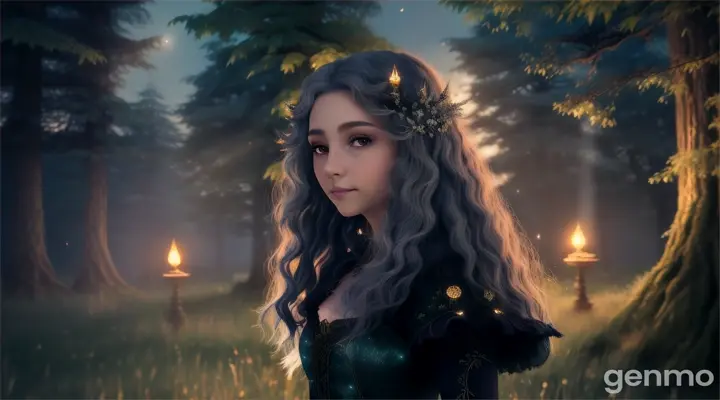 Luna, standing in the middle of a quiet forest at night, listens intently as strange, echoing sounds emerge from the direction of the castle. Her expression is a mix of curiosity and concern. The forest is illuminated by the soft glow of fireflies and the distant light from the castle.  