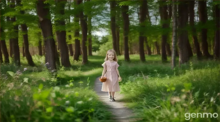 a little girl is walking through the woods