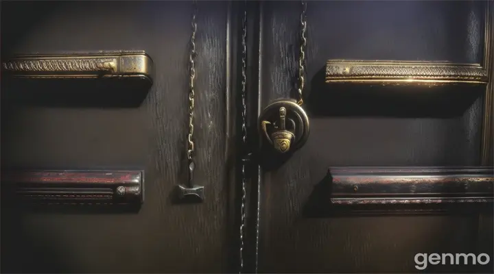 Locked Mansion Doors: Heavy, old mansion doors with chains and padlocks keeping them shut.
