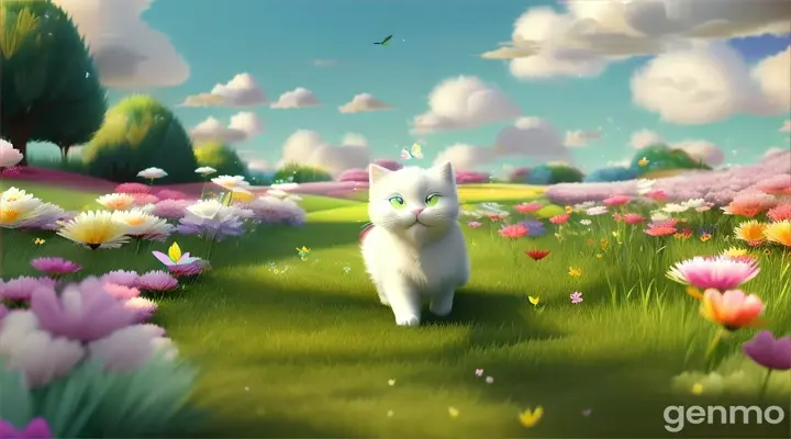 A  fluffy white cat chasing colorful butterflies in a lush, green meadow. 3d animation for kids. 16:9