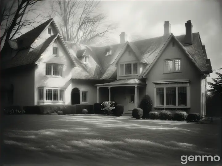 Garden view of a house with warm light and ghostly presence