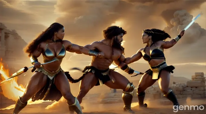 Create a dramatic scene featuring both Hercules and Hippolyta in a fierce battle. Hercules, depicted with his strong physique and determined expression, should be shown in mid-action, engaging in combat with Hippolyta. She should be portrayed with African black skin and voluminous curly hair. The background should be a dramatic and intense battlefield setting. Both characters should be prominently visible, with Hercules in a dominant pose and Hippolyta in a defensive stance, showcasing their strength and determination. The overall mood should be intense and dynamic, capturing the essence of their epic confrontation