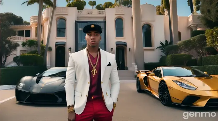 The rapper standing in front of a luxurious mansion, with expensive cars in the driveway, showcasing his wealth and success.